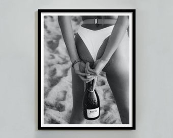 Lámina vintage en blanco y negro con estampado playero: Arte de pared para carrito de bar (Descarga digital)