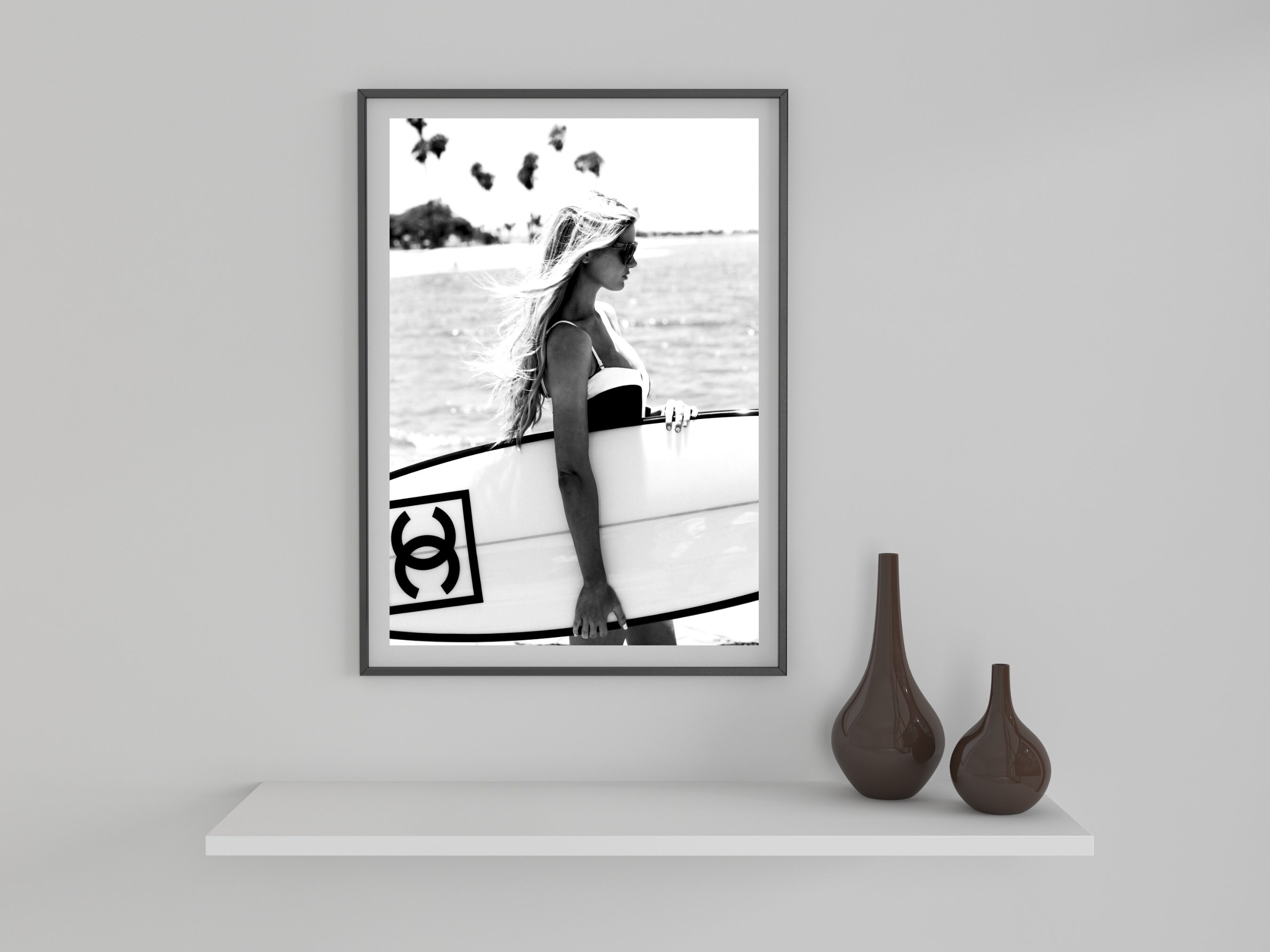 Surfer Girl Poster Surfboard Wall Art Black and White Etsy