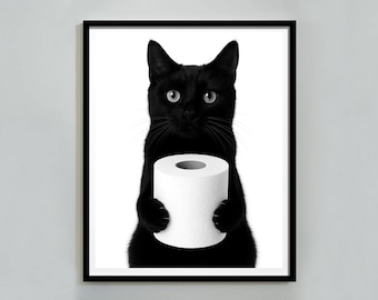 Black Cat Toilet Paper Print, Black and White, Funny Bathroom Wall Art, Digital Download