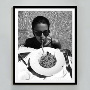 Woman Eating Spaghetti on Water Poster, Black and White Vintage Print, Italian Pasta Print, Kitchen Wall Art, Restaurant Decor, Pasta Poster
