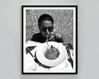 Woman Eating Spaghetti on Water Poster, Black and White Vintage Print, Italian Pasta Print, Kitchen Wall Art, Restaurant Decor, Pasta Poster