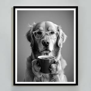 Golden Retriever Drinking Coffee Print, Black and White, Printable Kitchen Wall Art, Funny Dog Poster, Coffee Shop Decor, Digital Download