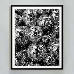 Disco-Kugel-Druck, Schwarz-Weiß, Modeposter, Vintage Funky Poster, Disco-Kugel-Dekor, Luxusdruck, Retro-Wandkunst, digitaler Download