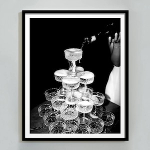 Champagnefltues-print, zwart-wit, vintage barposter, cocktailmuurkunst, barwagen print, alcoholposter, wanddecoratie, digitale download