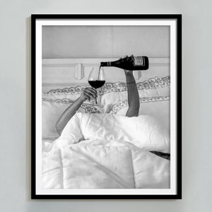 Woman Drinking Wine in Bed Print, Feminist Poster, Black and White, Alcohol Wall Art, Bar Cart Print, Teen Girl Room Decor, Digital Download