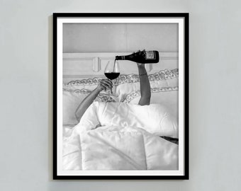 Woman Drinking Wine in Bed Print, Black and White, Vintage Bar Cart Poster, Trendy Cocktail Wall Art, Hypebeast Room Decor, Digital Download