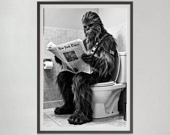 Chewbacca Reading Newspaper on Toilet Print, Black and White Bathroom Wall Art (Digital Download)
