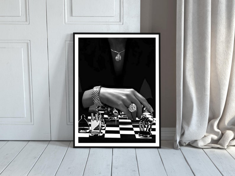 Woman Playing Chess Poster, Black and White, High Fashion Print, Feminist Poster, Luxury Wall Art, Teen Girl Bedroom Decor, Hypebeast Poster