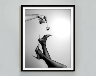 High Heels Cocktail Print, Black and White, Alcohol Wall Art, Bar Cart Print, Vintage Bar Decor, Feminist Print, Printable, Digital Download