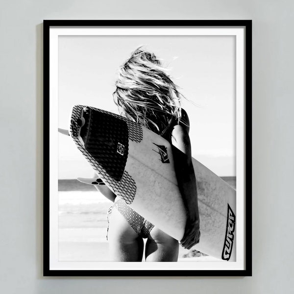 Black and White Surfer Print, Vintage Beach Wall Art, Surf Poster, Feminist Print, Teen Girl Wall Art, Maximalist Decor, Digital Download