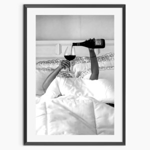 Woman Drinking Wine in Bed Print: Black and White Old Money Wall Art, Luxury Lifestyle Bar Cart Decor (Digital Download)