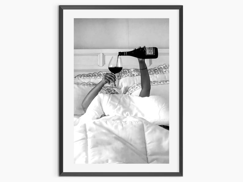 Woman Drinking Wine in Bed Print: Black and White Old Money Wall Art, Luxury Lifestyle Bar Cart Decor (Digital Download)