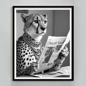 Cheetah Reading Newspaper Print, Luxury Fashion Poster, Black and White, Trendy Preppy Wall Art, Y2K Hypebeast Room Decor, Digital Download