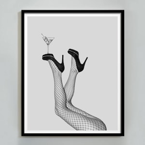 Impresión de martini en tacones altos, blanco y negro, arte de pared con carrito de bar, póster de cócteles, decoración de habitación Y2K, arte de pared de moda de moda, descarga digital