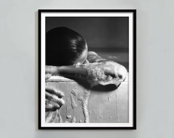 Vintage Woman in Bathtub Print: Black and White Girls Bathroom Wall Art (Digital Download)