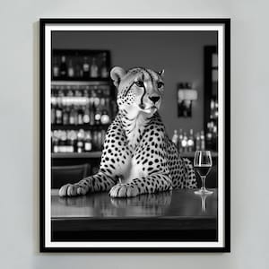Panther in the Bar Print, Cheetah Poster, Black and White, Alcohol Wall Art, Vintage Photography, Maximalist Room Decor, Digital Download