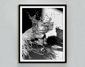 Champagne Glass Print Black and White Kitchen Wall Art, Bar Cart Decor, Digital Download