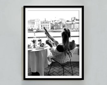 Woman Drinking Coffee Poster, Feminist Print, Black and White, Kitchen Wall Art, Coffee Shop Decor, Teen Girl Room Decor, Dining Room Prints