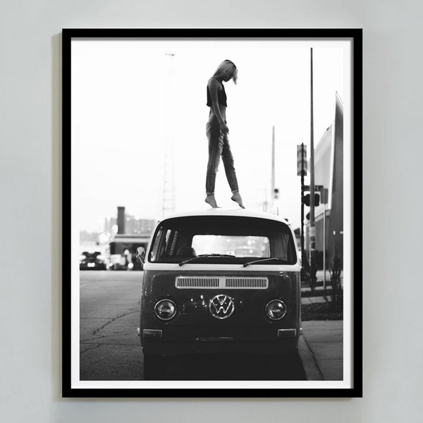 Feminist Poster, Woman on Classic Car Print, Black and White, Vintage Photo, Teen Girl Room Decor, Feminine Wall Art, Digital Download