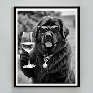 ニューファンドランド犬がワインを飲むポスター、バーカートプリント、白黒、面白いキッチンウォールアートプリント、イギリスのパブの装飾、デジタルダウンロード