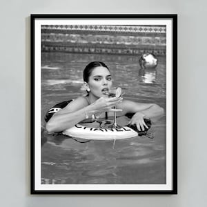 Woman Drinking Martini Poster, Swimming Pool Print, Black and White, Bar Cart Wall Art, Cocktail Poster, Girls Room Decor, Digital Download