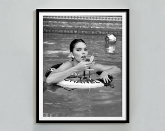 Woman Drinking Martini Poster, Swimming Pool Print, Black and White, Bar Cart Wall Art, Cocktail Poster, Girls Room Decor, Digital Download