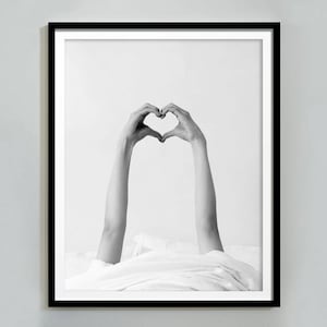 Woman wih Heart in Bed Print, Feminist Poster, Black and White, Bedroom Wall Art, Self Love Print, Teen Girl Room Decor, Romantic Wall Art