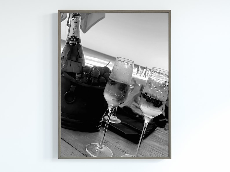 Vintage Champagne in Beach Print, Bar Cart Wall Art, Black and White