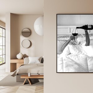 Woman Drinking Wine in Bed Print: Black and White Old Money Wall Art, Luxury Lifestyle Bar Cart Decor (Digital Download)
