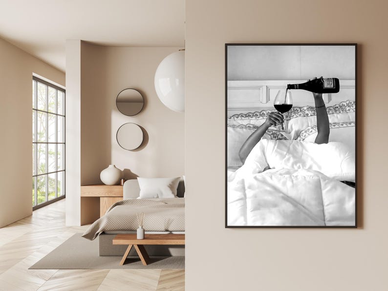 Woman Drinking Wine in Bed Print: Black and White Old Money Wall Art, Luxury Lifestyle Bar Cart Decor (Digital Download)