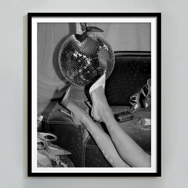 High Heels Disco Ball Print, Black and White, Fashion Poster, Feminist Print, Printable Wall Art, Teen Girl Bedroom Decor, Digital Download