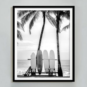 Surfboards On Hawaii Beach Print, Black and White, Vintage Print, Surfboard Wall Art, Beach House Decor, Beach Photography, Digital Download