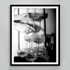 Champagne Glasses Print, Black and White, Vintage Bar Poster, Digital Download, Cocktail Wall Art, Bar Cart Print, Alcohol Print, Wall Decor