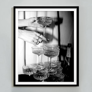 Champagneglazen print, zwart-wit, barwagen poster, cocktailmuurkunst, keuken en eetkamer decor, digitale download, alcohol prints