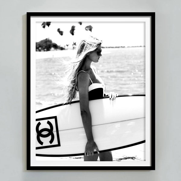 Surfer Girl Poster, Surfboard Wall Art, Black and White, Fashion Print, Vintage Photo, Summer Poster, Beach House Decor, Digital Download