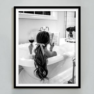 Feminist Poster, Woman Drinking Wine & Reading in Bathtub Print, Black and White, Alcohol Wall Art, Girls Bathroom Decor, Digital Download