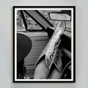 Cowgirl Boots in Car Print, Black and White, Cowboy Like Me Poster, Fashion Wall Art, Hypebeast Room Decor, Digital Download, Y2K Room Decor