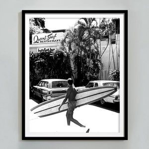 Vintage Surf in Hawaii Poster, Surfboard Wall Art, Black and White, Vintage Photography, Summer Poster, Beach House Decor, Digital Download