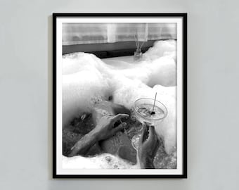 Woman Drinking Martini in Bathtub: Black and White Girls Bathroom Wall Art (Digital Download)
