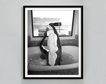 Woman Drinking Wine in Bathtub Print, Bar Cart Poster, Black and White, Printable Bathroom Wall Art, Girl Bathroom Decor, Digital Download