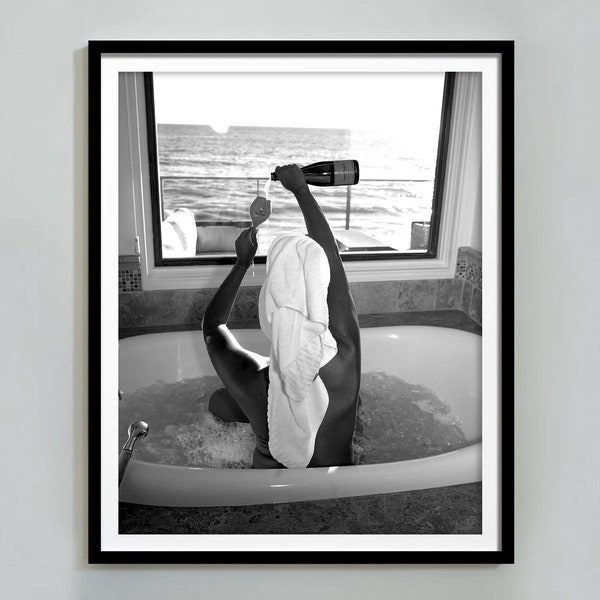 Woman Drinking Wine in Bathtub Print, Bar Cart Poster, Black and White, Printable Bathroom Wall Art, Girl Bathroom Decor, Digital Download