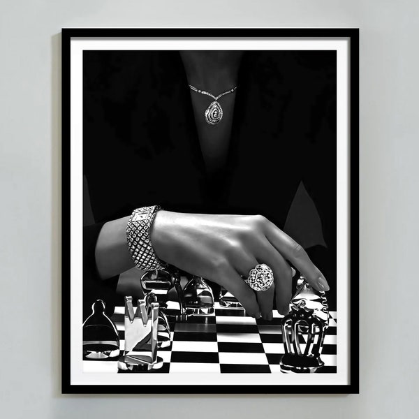 Woman Playing Chess Poster, Black and White, High Fashion Print, Feminist Poster, Luxury Wall Art, Teen Girl Bedroom Decor, Hypebeast Poster