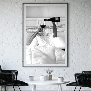 Woman Drinking Wine in Bed Print: Black and White Old Money Wall Art, Luxury Lifestyle Bar Cart Decor (Digital Download)