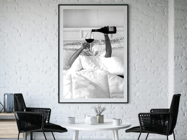 Woman Drinking Wine in Bed Print: Black and White Old Money Wall Art, Luxury Lifestyle Bar Cart Decor (Digital Download)