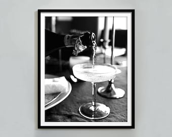 Minimalist Champagne Poster: Black and White Cocktail Bar Cart Wall Art (Digital Download)