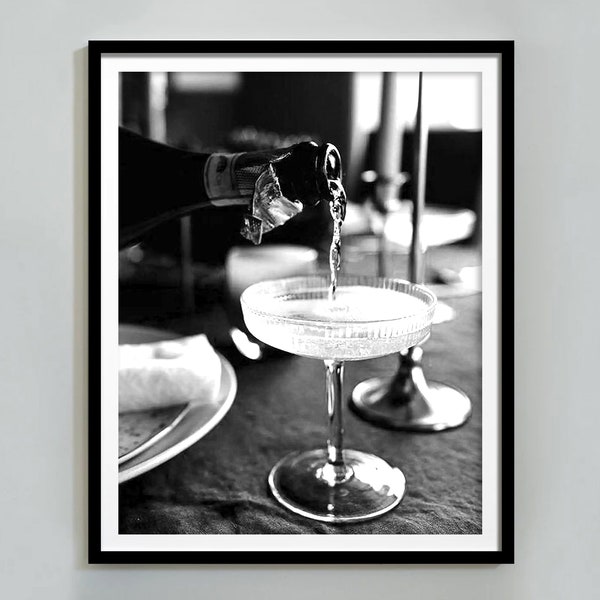 Champagne Poster, Black And White, Bar Cart Print, Cocktail Wall Art, Vintage Bar Decor, Champagne Print, Digital Download, Alcohol Wall Art
