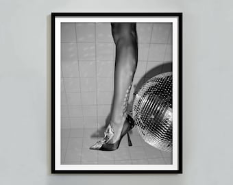Disco Ball in the Bathroom Poster, Black and White, Fashion Print, Funky Wall Art, Girls Bathroom Decor, Disco Party Print, Digital Download