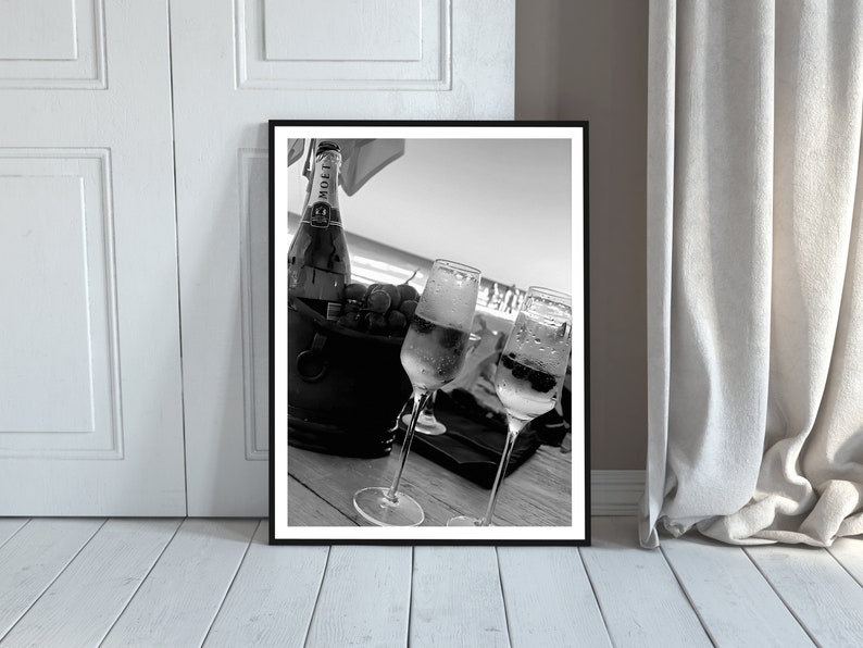 Vintage Champagne in Beach Print, Bar Cart Wall Art, Black and White