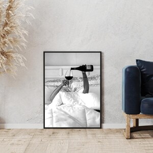 Woman Drinking Wine in Bed Print: Black and White Old Money Wall Art, Luxury Lifestyle Bar Cart Decor (Digital Download)