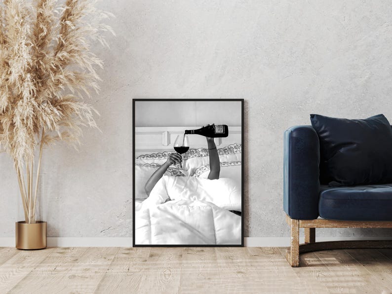 Woman Drinking Wine in Bed Print: Black and White Old Money Wall Art, Luxury Lifestyle Bar Cart Decor (Digital Download)